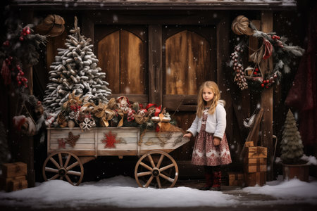 Little girl on decorated christmas winter backgroundの素材