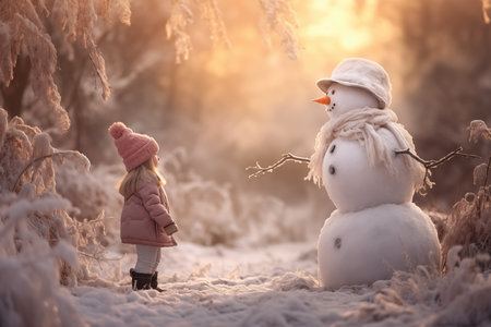 Cute little child and snowman dressed in scarf and hatの素材