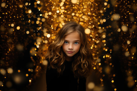Cute girl on golden twinkle lights backgroundの素材