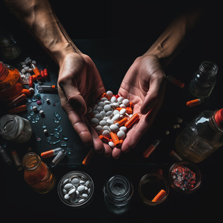 Hands Holding Pills Amidst Prescription Bottlesの素材