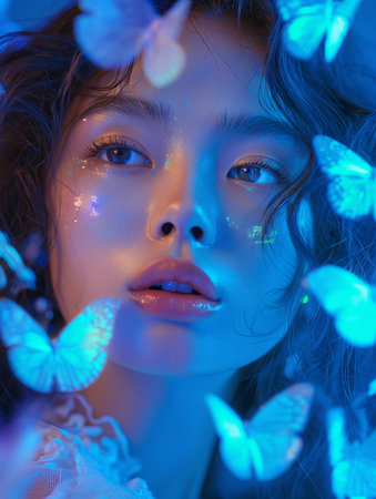 Ethereal Woman with Blue Botanical Shadow Patternsの素材