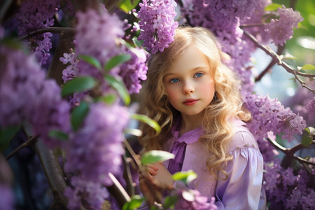 A little cute girl stands next to the flowering branches in the spring.の素材
