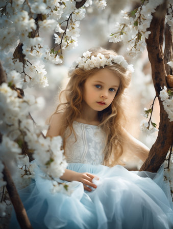 A little cute girl stands next to the flowering branches in the spring.の素材