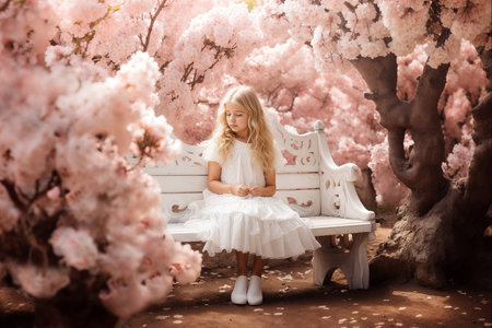 Young Girl in Elegant White Dress with Spring Blossomsの素材