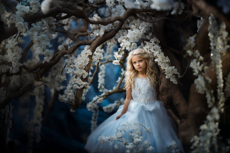 Young Girl in Blue Dress Among White Blossomsの素材