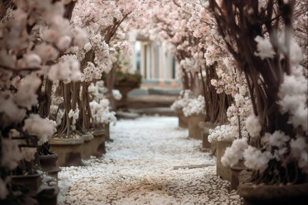 Enchanted White Blossom Archway in Sunlit Gardenの素材