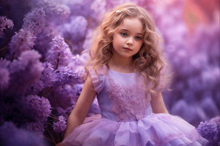 A little cute girl stands next to the flowering branches in the spring.の素材