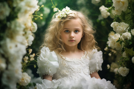 Young Girl in Elegant White Dress with Spring Blossomsの素材