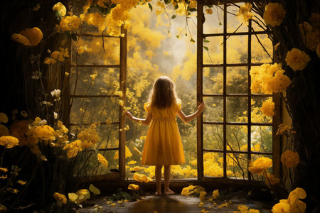 Young Girl Gazing into a Golden Blossom Forestの素材