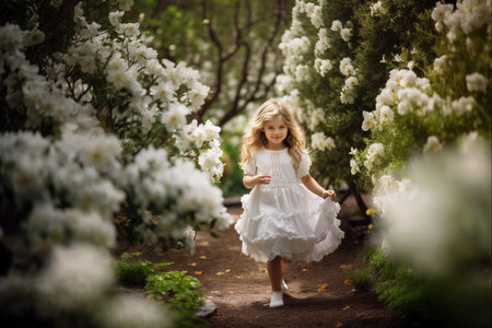 Young Girl in Elegant White Dress with Spring Blossomsの素材