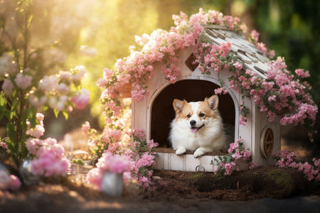 Dog Lounging in Flower-Adorned Doghouse in Springの素材