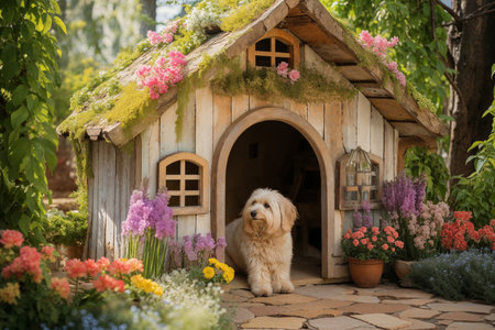 Dog Lounging in Flower-Adorned Doghouse in Springの素材