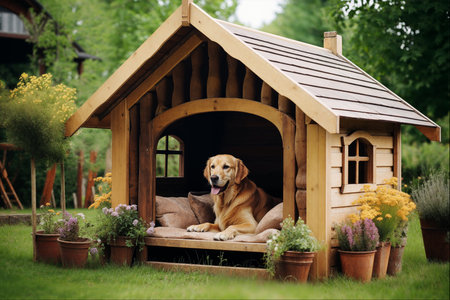 Dog Lounging in Flower-Adorned Doghouse in Springの素材