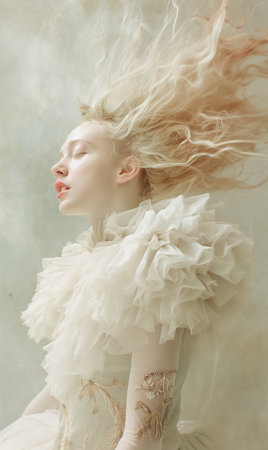Surreal Woman with Flowing Hair in Ethereal White Dressの素材
