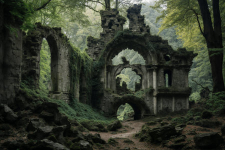 Ancient Castle Ruins Shrouded in Forest Mistの素材