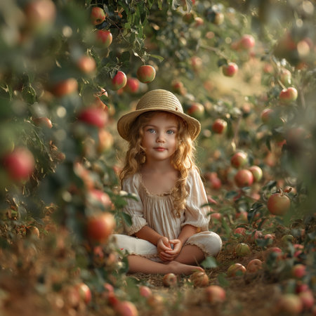 Young Girl in Apple Orchard at Golden Hourの素材