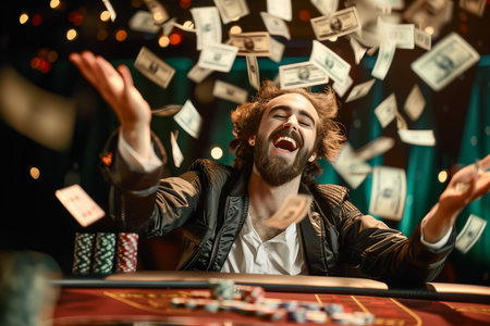 Jubilant Man Celebrating Big Win at Casinoの素材
