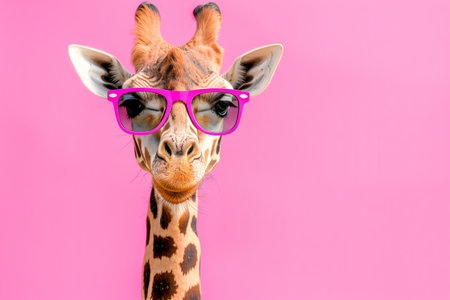Giraffe Wearing Pink Sunglasses on Pink Backgroundの素材
