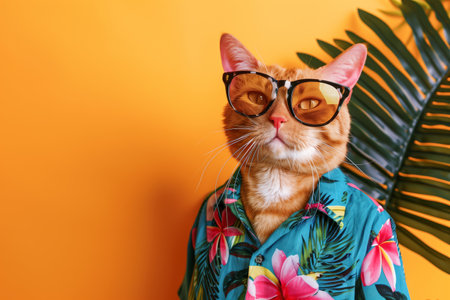 Stylish Orange Cat with Trendy Glasses and Shirtの素材