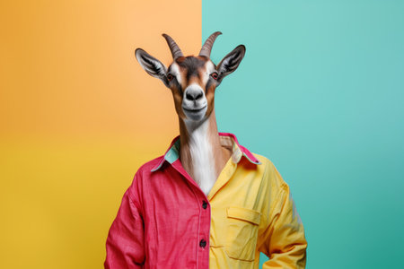 Trendy Goat Dressed in Colorful Outfit on Gradient Backgroundの素材