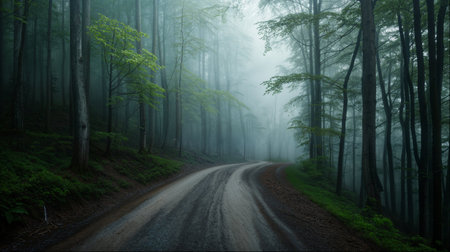 Misty Spring Forest with Lush Green Foliageの写真素材