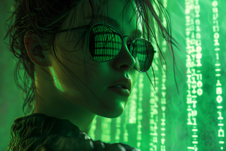 Woman with Data Code Reflection in Sunglassesの素材