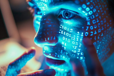 Woman with Digital Binary Code on Faceの素材