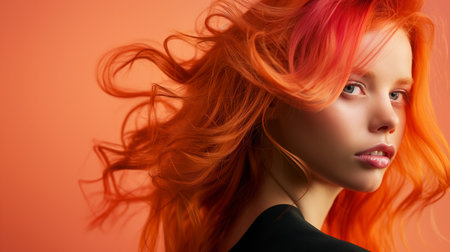 Portrait of woman with long curly beautiful ginger hair.の素材