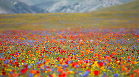 Vivid Blossoms Carpeting Mountainous Landscapeの素材