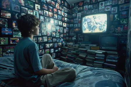 Child engrossed in watching a wall of screensの素材