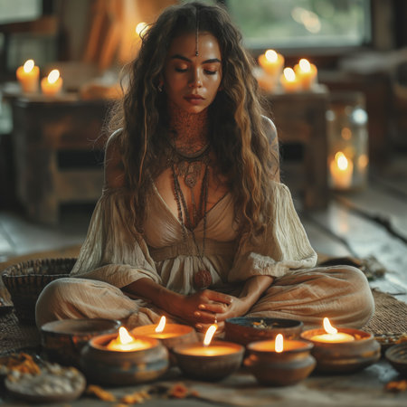 Woman meditating with candles in boho settingの素材
