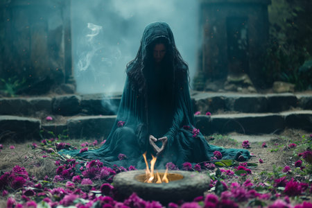 Mysterious veiled figure performing ritualの素材