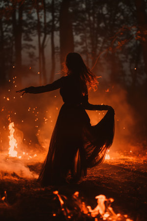 Dancing silhouette in a fiery forest sceneの素材