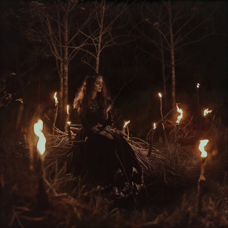 Majestic woman in flame-lit forest, fairy tale lookの素材