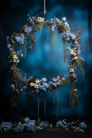 Lavish blue and white floral wreath on blue drapesの素材