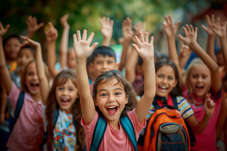 Excited schoolgirl with arms raised among friendsの素材