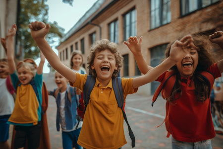 Laughing children cheering with arms raisedの素材