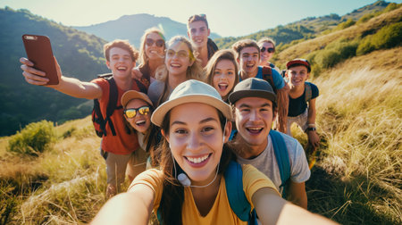 Group of friends taking selfie in natureの素材
