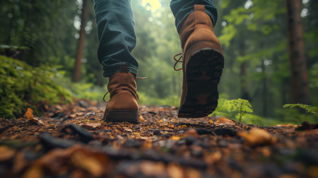 Autumn hike with focus on boots amidst fallen leavesの素材