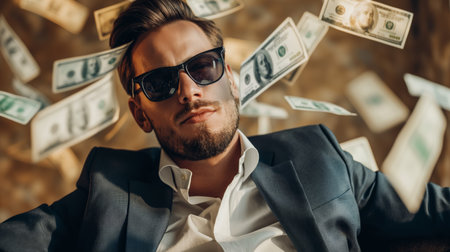 Man with sunglasses and falling moneyの素材