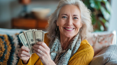 Senior woman holding a fan of cashの素材