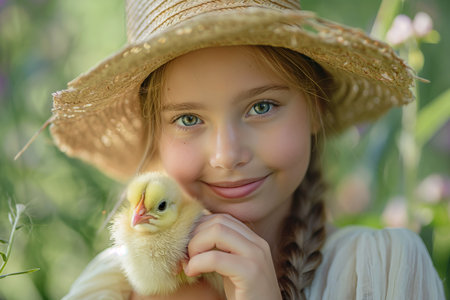 Young girl holding a chick in natureの素材