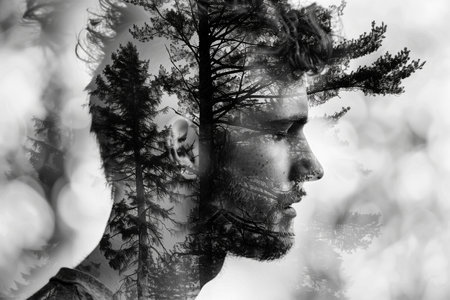 Forest Trees and Snowy Peaks Blended with Facial Outlineの素材