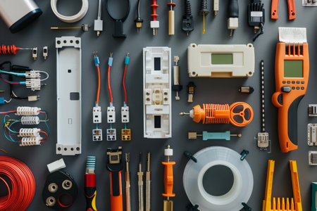 Assorted colorful electrical components and toolsの素材