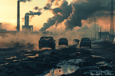 Cars driving through industrial wastelandの素材