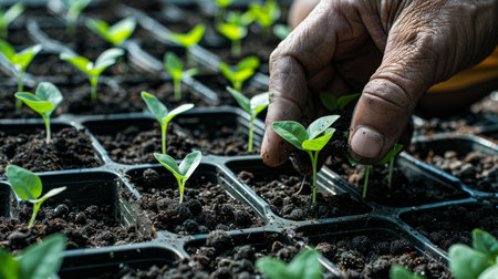 Wrinkled hand tending to young plant sproutsの素材