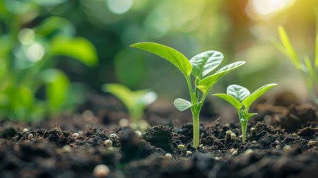 Young green seedlings growing in fertile soilの素材