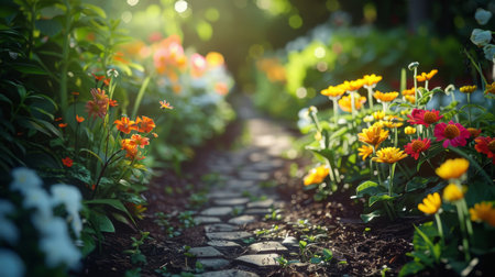 Floral path in a bloom-filled garden landscapeの素材