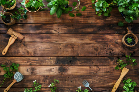 Top view of gardening tools on wooden surfaceの素材