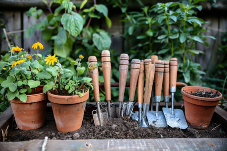 Garden tools and potted plants in a trayの素材